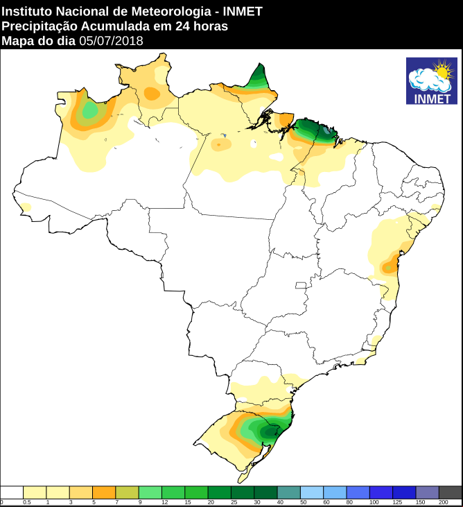 Mapa das áreas com precipitação acumulada nas últimas 24 horas - Fonte: Inmet