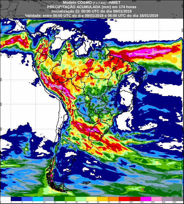 Mapa de precipitação acumulada dos próximos 7 dias em todo o Brasil - Fonte: Inmet
