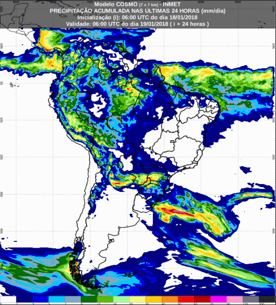 Mapa com a previsão de precipitação acumulada para até 72 horas (19/01 a 21/01) para todo o Brasil - Fonte: Inmet