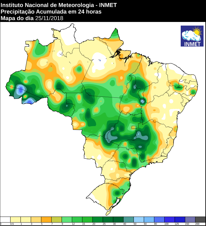 Mapa de precipitação acumulada nas últimas 24 horas em todo o Brasil - Fonte: Inmet