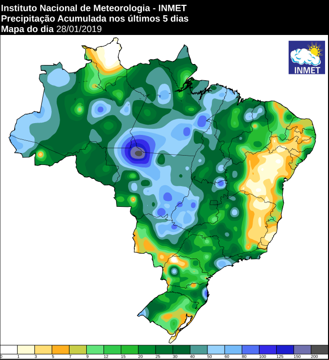 Mapa de precipitação acumulada nos últimos 5 dias em todo o Brasil - Fonte: Inmet