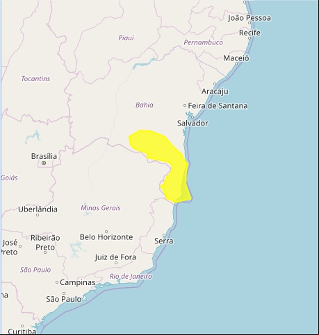 Mapa das áreas com alerta de acumulados de chuva nesta 6ª feira - Fonte: Inmet