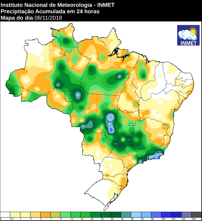Mapa com precipitação acumulada nas últimas 24 horas em todo o Brasil - Fonte: Inmet
