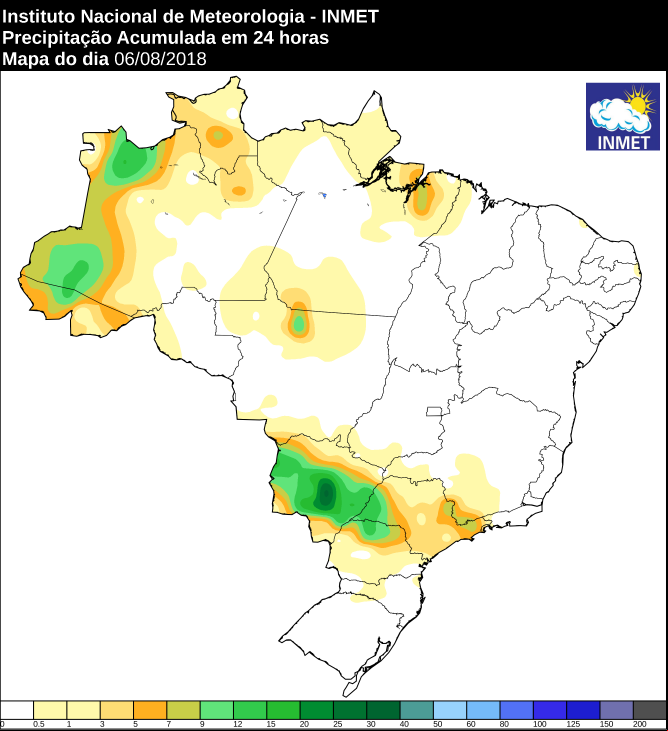 Mapa das áreas com precipitação acumulada nas últimas 24 horas em todo o Brasil - Fonte: Inmet