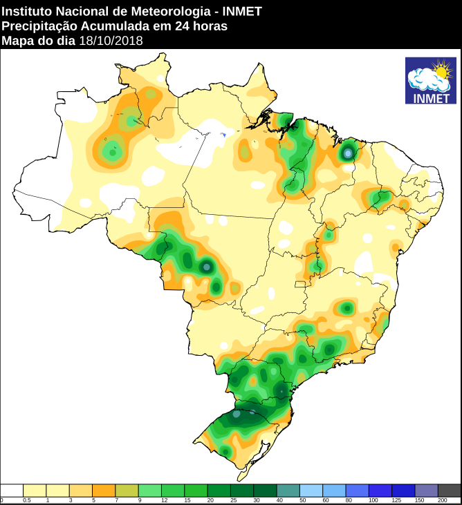 Mapa das áreas com a precipitação acumulada nas últimas 24 horas em todo o Brasil - Fonte: Inmet