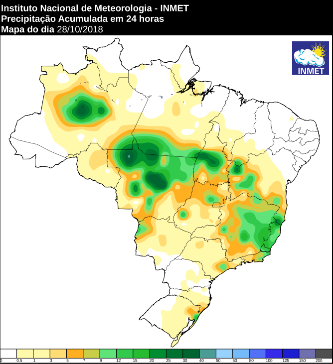 Mapa das áreas com precipitação acumulada nas últimas 24 horas em todo o Brasil - Fonte: Inmet