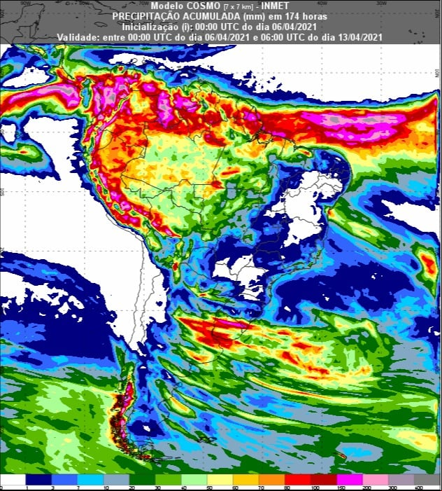 Mapa com a previsão de chuva para os próximos 7 dias em todo o Brasil - Fonte: Inmet