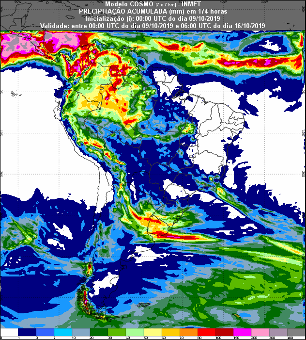 Mapa de precipitação acumulada para os próximos 7 dias em todo o Brasil - Fonte: Inmet