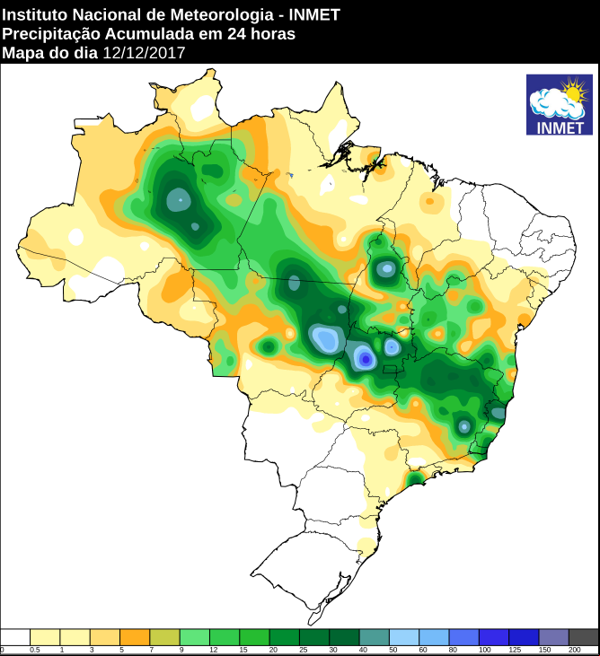 Mapa de precipitação acumulado nas últimas 24 horas em todo o Brasil - Fonte: Inmet