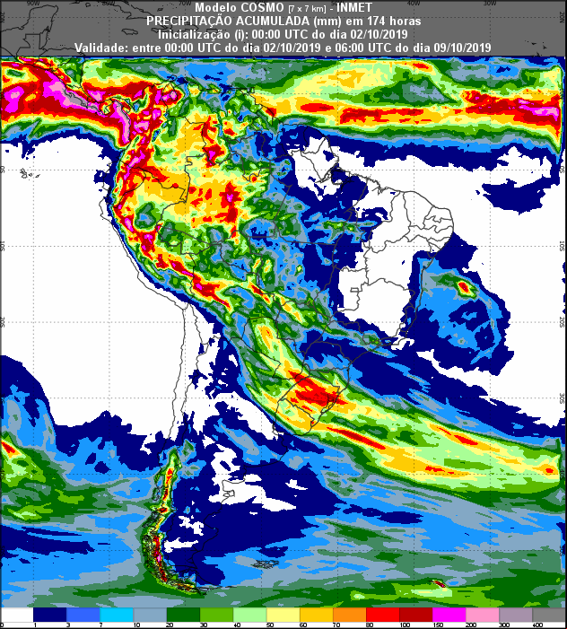 Mapa de precipitação acumulada para os próximos 7 dias em todo o Brasil - Fonte: Inmet
