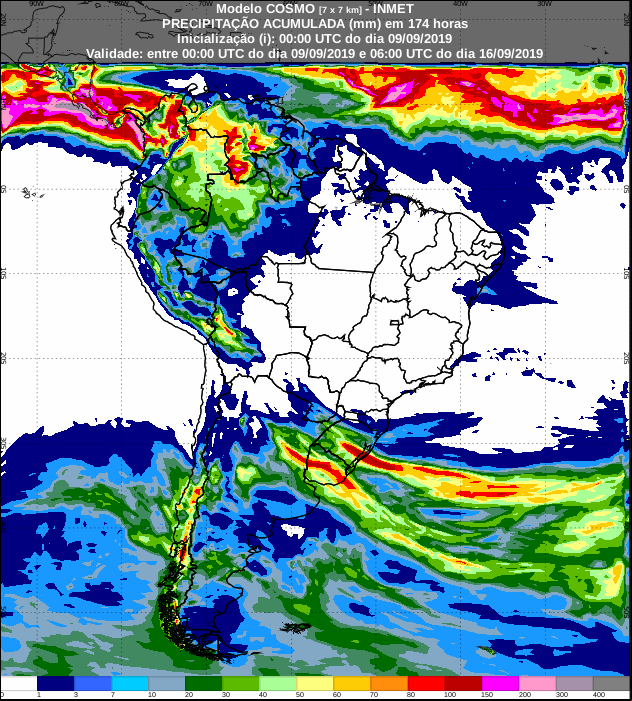 Mapa de precipitação acumulada para os próximos sete dias em todo o Brasil - Fonte: Inmet