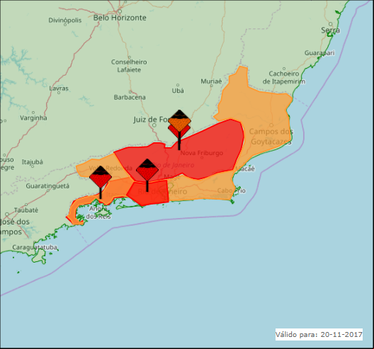 Mapa das áreas com previsão de chuvas intensas nesta 2ª feira (20/11) - Fonte: Inmet