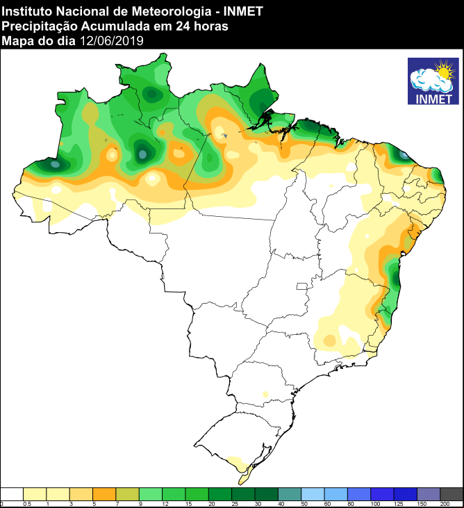 Mapa de precipitação acumulada nas últimas 24 horas - Fonte: Inmet