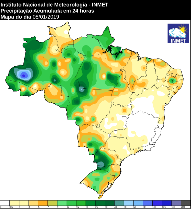 Mapa de precipitação acumulada nas últimas 24 horas em todo o Brasil - Fonte: Inmet