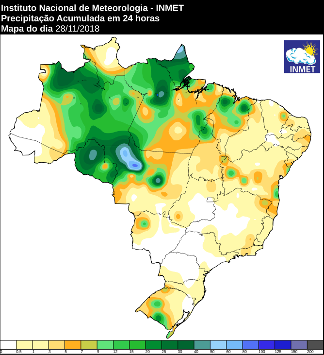 Mapa de precipitação acumulada nas últimas 24 horas em todo o Brasil - Fonte: Inmet
