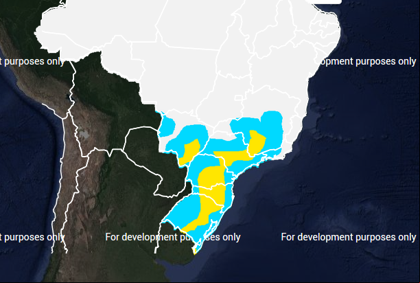 Mapa das áreas com previsão de geada no dia 08 de julho - Fonte: Inmet