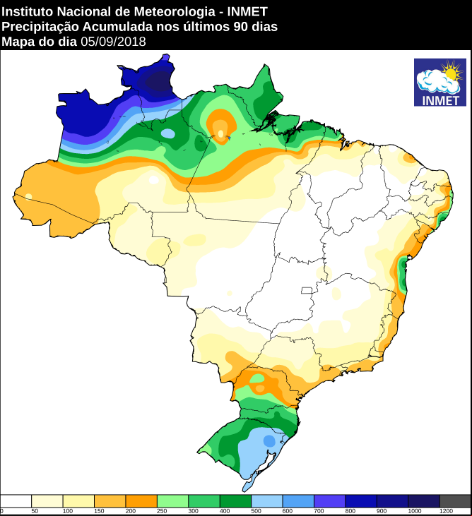 Mapa de precipitação acumulada nos últimos 90 dias em todo o Brasil - Fonte: Inmet