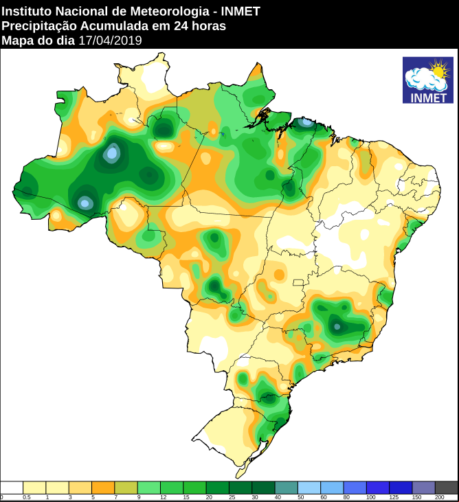 Mapa das áreas com precipitação acumulada nas últimas 24 horas -  Fonte: Inmet