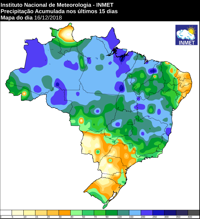Mapa de precipitação acumulada nos últimos 15 dias em todo o Brasil - Fonte: Inmet