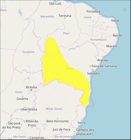 Mapa das áreas com alto acumulado de chuva nesta 3ª e 4ª feira / BA e PI  - Fonte: Inmet