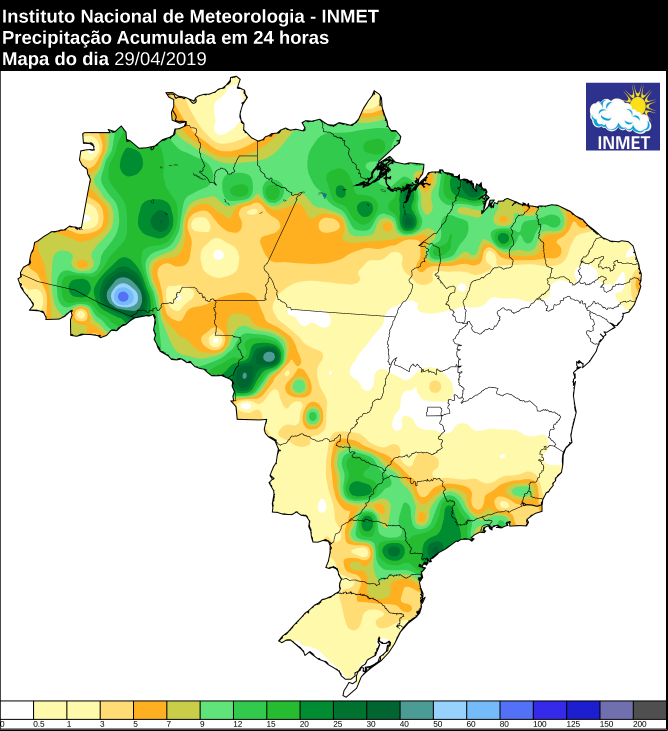 Mapa das áreas com precipitação acumulada nas últimas 24 horas -  Fonte: Inmet