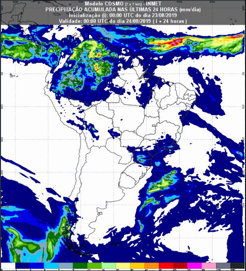 Mapa com a previsão de precipitação acumulada para até 93 horas (24/08 a 26/08) em todo o Brasil - Fonte: Inmet