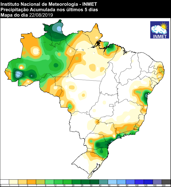 Mapa de precipitação acumulada dos últimos 5 dias em todo o Brasil - Fonte: Inmet