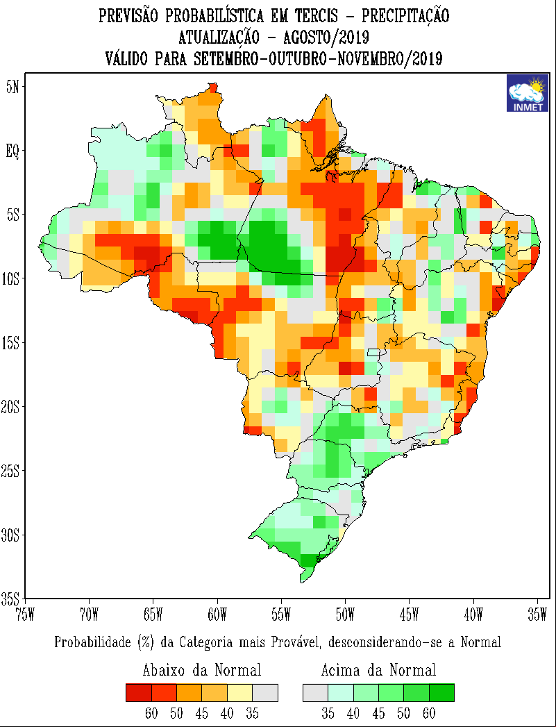 Previsão probabilística em tercis - Percipitação - Fonte: Inmet