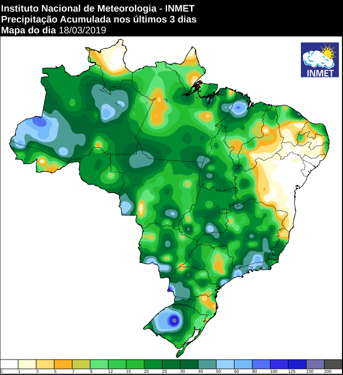 Mapa das áreas com precipitação acumulada nos últimos 3 dias -  Fonte: Inmet