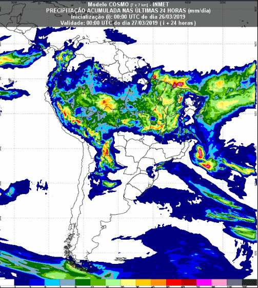 Mapa com a previsão de precipitação acumulada para até 72 horas (27/03 a 29/03) em todo o Brasil - Fonte: Inmet