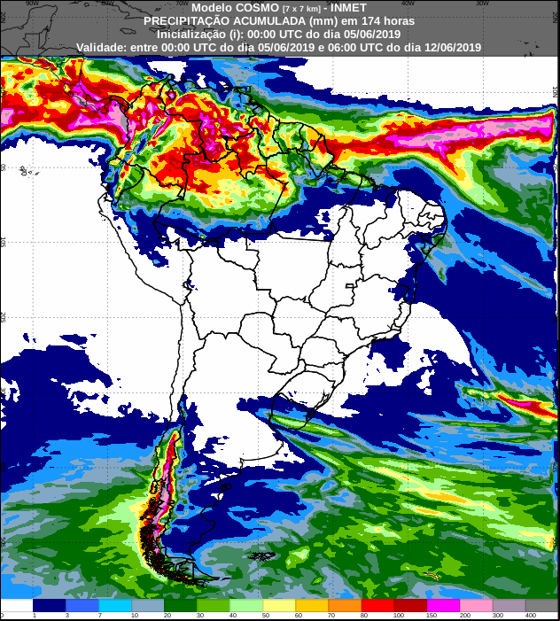 Mapa com a previsão de precipitação acumulada para os próximos sete dias - Fonte: Inmet