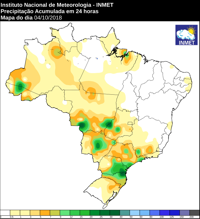 Mapa das áreas com precipitação acumulada nas últimas 24 horas -  Fonte: Inmet