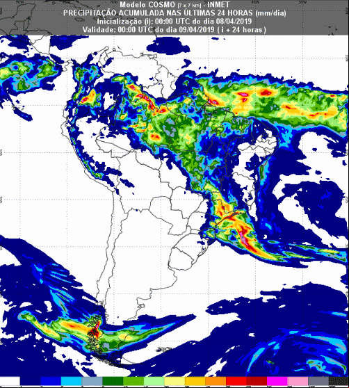 Mapa com a previsão de precipitação acumulada para até 72 horas (09/04 a 11/04) em todo o Brasil - Fonte: Inmet