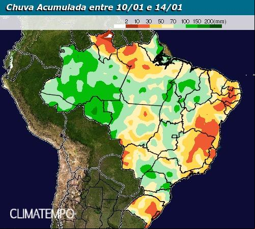 Mapa de chuva acumulada entre 10/01 e 14/01 em todo o Brasil - Fonte: Climatempo