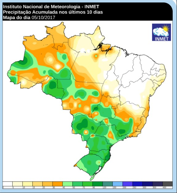 Chuvas acumuladas nos últimos 10 dias - Inmet