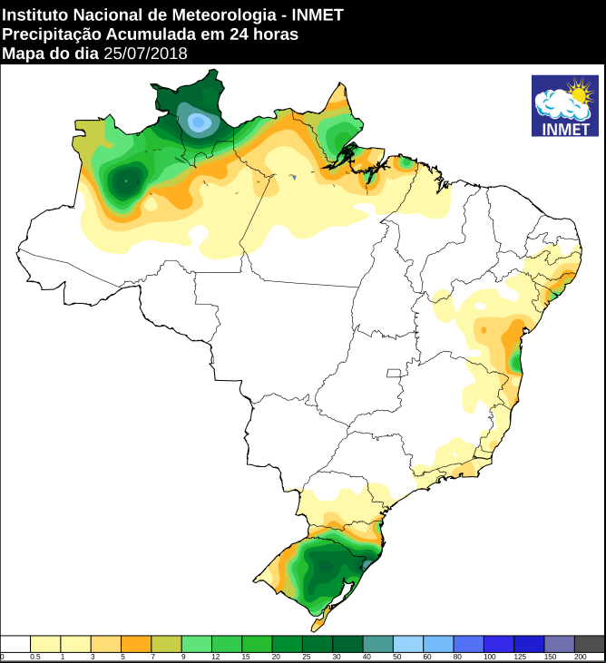 Mapa das áreas com precipitação acumulada nas últimas 24 horas em todo o Brasil - Fonte: Inmet
