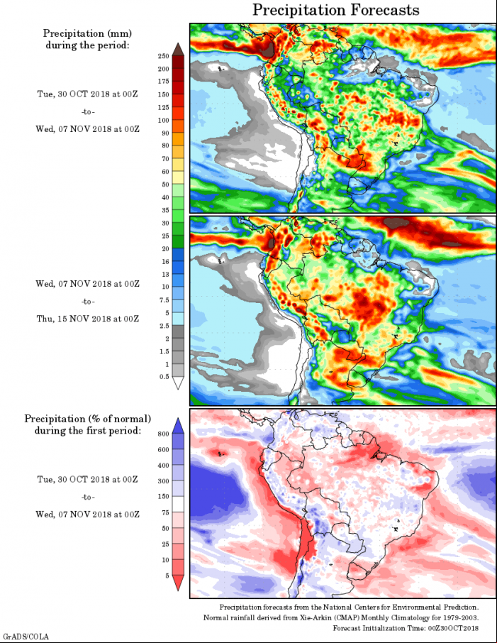 Mapa com a precipitação acumulada para o período de 30 de outubro 15 de novembro - Fonte: National Centers for Environmental Prediction/NOAA