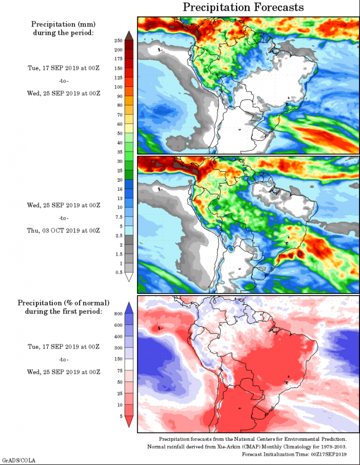 Mapa com a tendência de precipitação acumulada para o período de 17 de setembro até 03 de outubro - Fonte: National Centers for Environmental Prediction/NOAA