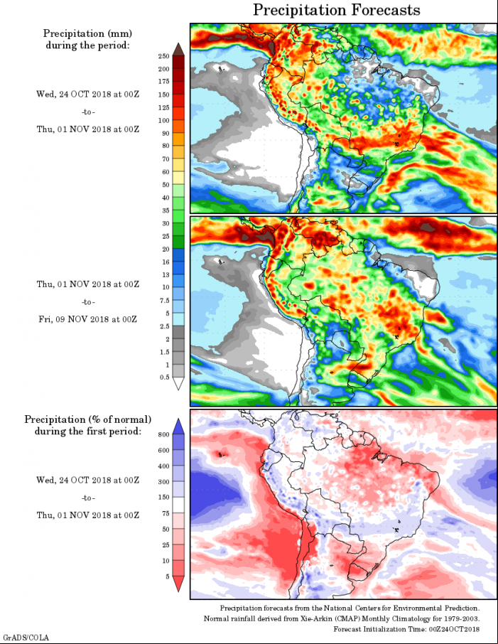 Mapa com a precipitação acumulada para o período de 24 de outubro 09 de novembro - Fonte: National Centers for Environmental Prediction/NOAA