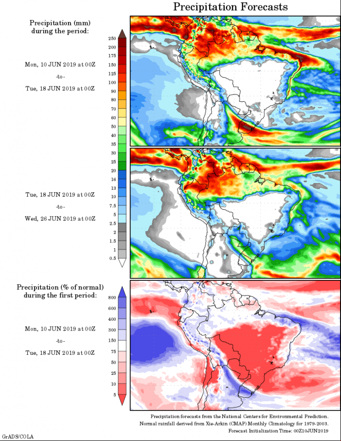 Mapa com a tendência de precipitação acumulada para o período de 10 até 26 de junho - Fonte: National Centers for Environmental Prediction/NOAA
