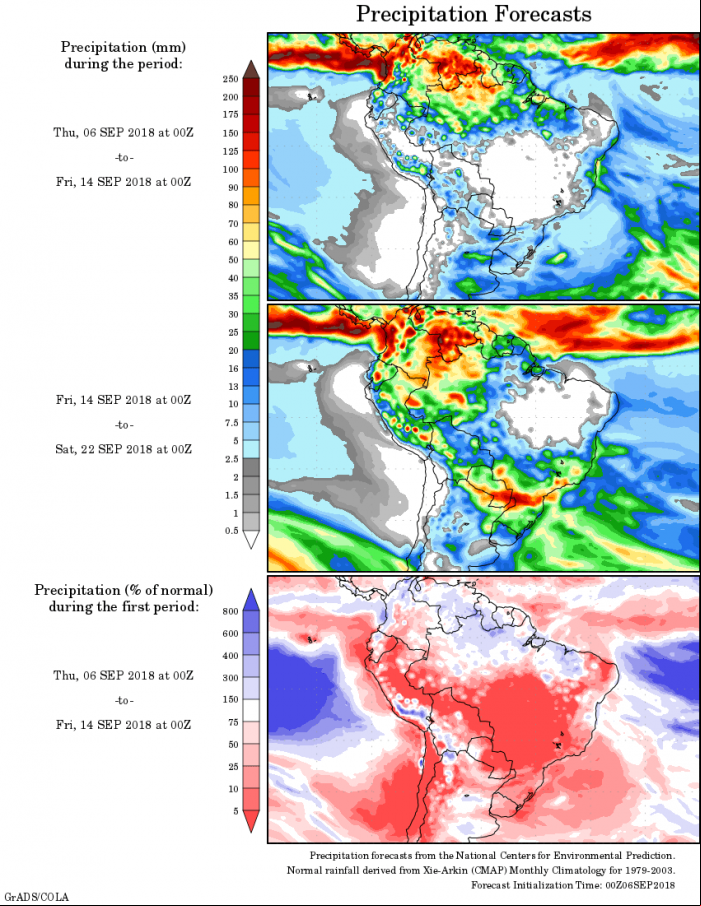 Mapa com a precipitação acumulada para o período de 06 de agosto até 22 de setembro - Fonte: National Centers for Environmental Prediction/NOAA