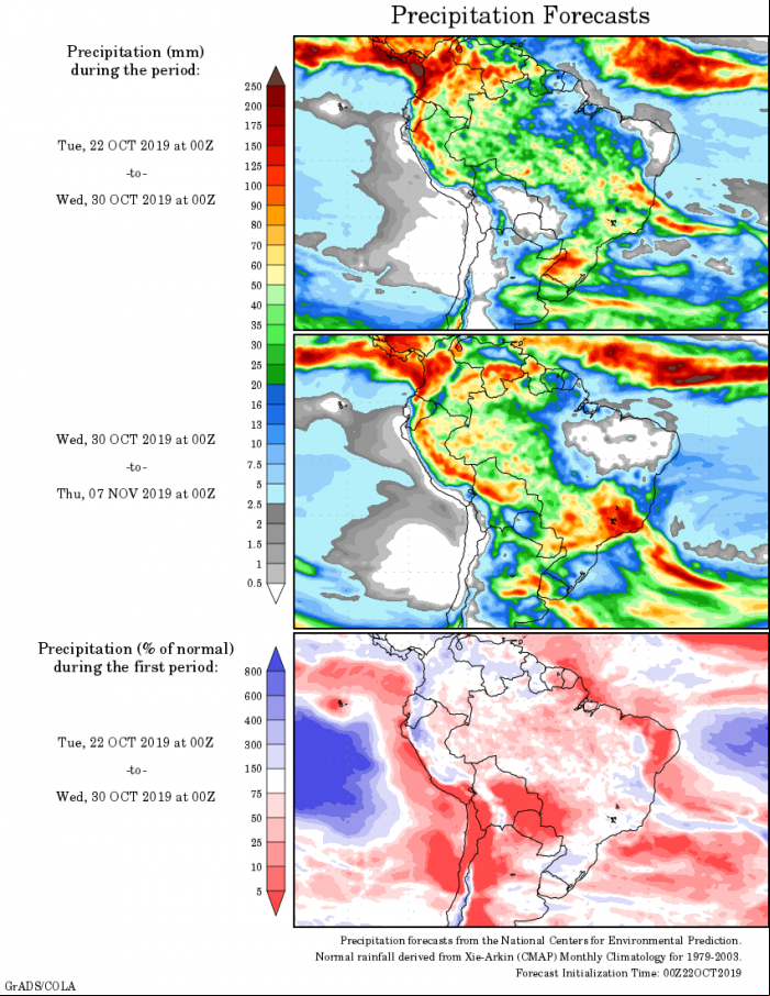Mapa com a tendência de precipitação acumulada para o período de 22 de outubro até 07 de novembr - Fonte: National Centers for Environmental Prediction/NOAA