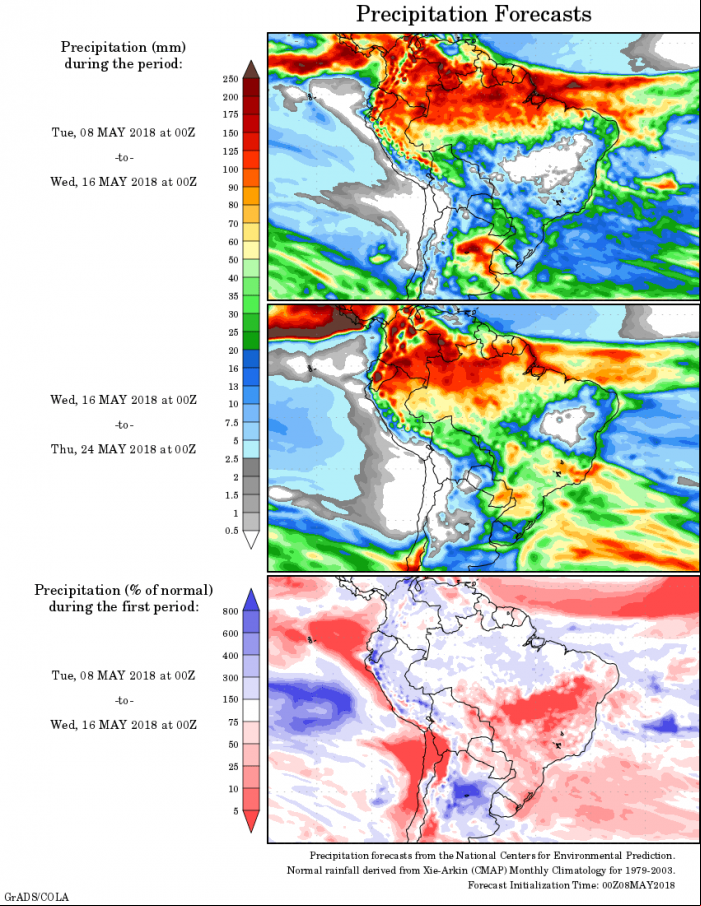 Mapa com a precipitação acumulada de 08 de maio até 24 de maio - Fonte: National Centers for Environmental Prediction/NOAA