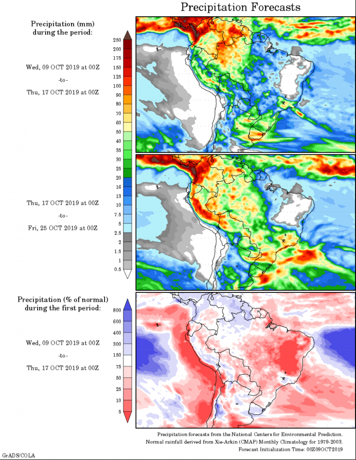 Mapa com a tendência de precipitação acumulada para o período de 09 de outubro até 25 de outubro - Fonte: National Centers for Environmental Prediction/NOAA