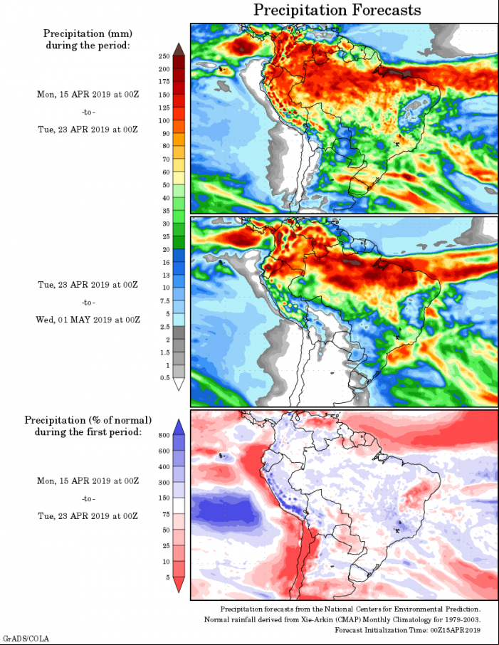 Mapa com a tendência de precipitação acumulada para o período de 15 de abril até 01 de maio - Fonte: National Centers for Environmental Prediction/NOAA