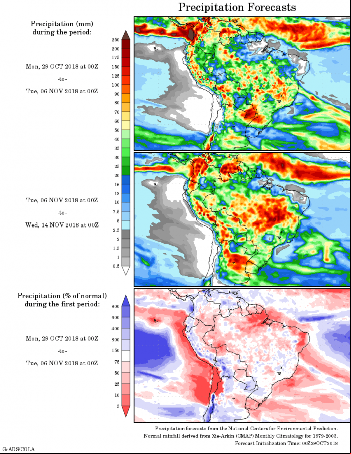 Mapa com a precipitação acumulada para o período de 29 de outubro 14 de novembro -  Fonte: National Centers for Environmental Prediction/NOAA