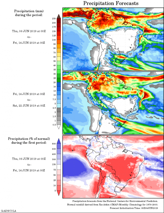 Mapa com a tendência de precipitação acumulada para o período de 06 até 22 de junho - Fonte: National Centers for Environmental Prediction/NOAA