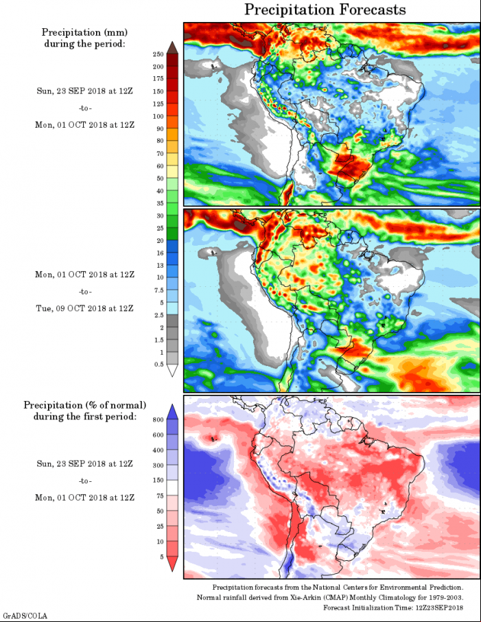 Mapa com a precipitação acumulada para o período de 23 de setembro até 09 de outubro - Fonte: National Centers for Environmental Prediction/NOAA