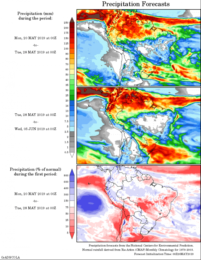 Mapa com a tendência de precipitação acumulada para o período de 20 de maio até 05 de junho - Fonte: National Centers for Environmental Prediction/NOAA