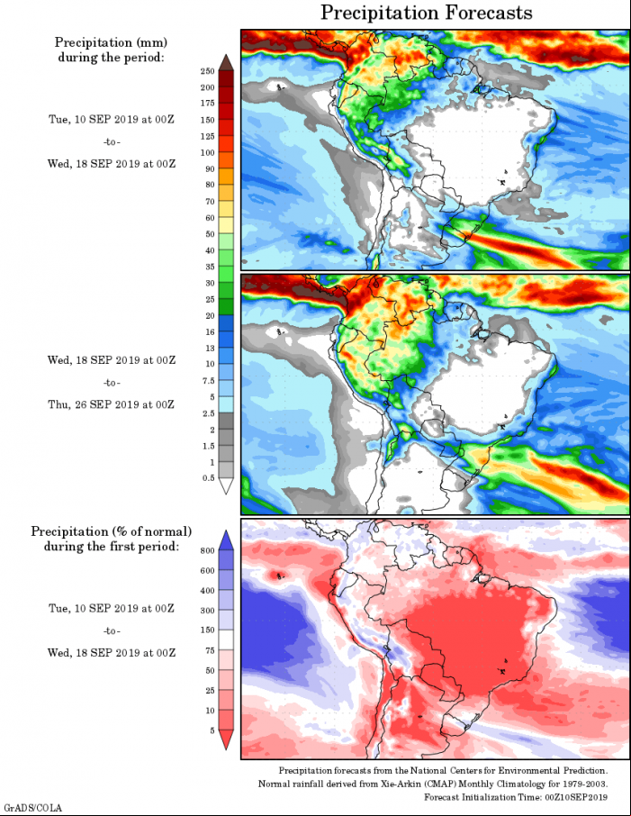 Mapa com a tendência de precipitação acumulada para o período de 10 até 26 de setembro - Fonte: National Centers for Environmental Prediction/NOAA